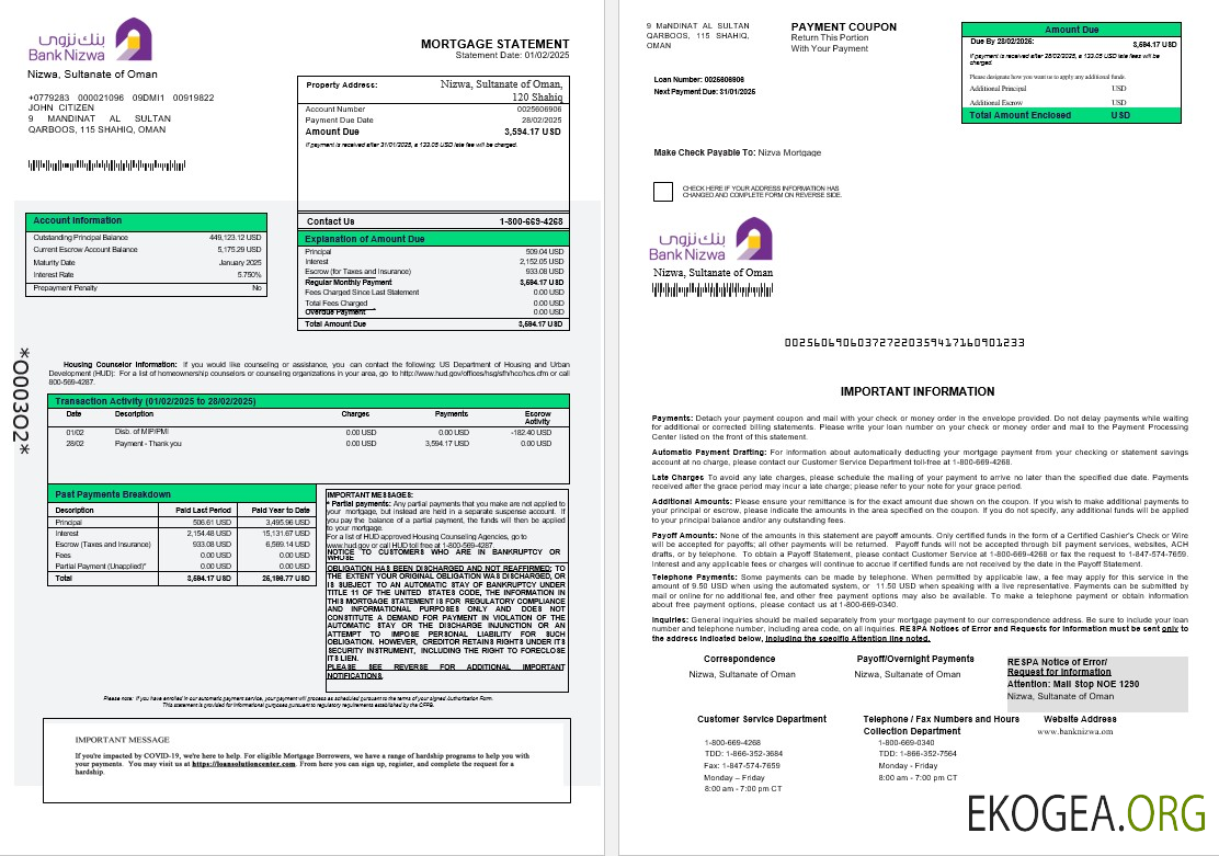 Relevé hypothécaire d'Omani Bank Nizwa aux formats Word et PDF 1 , 3